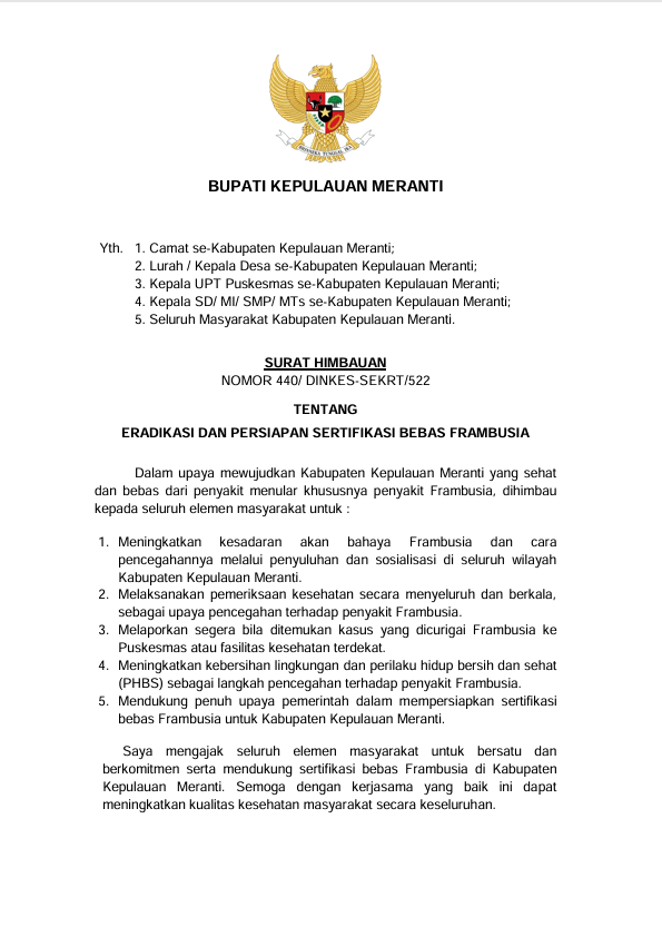 SURAT HIMBAUAN  BUPATI KEPULAUAN MERANTI  TENTANG  ERADIKASI DAN PERSIAPAN SERTIFIKASI BEBAS FRAMBUSIA