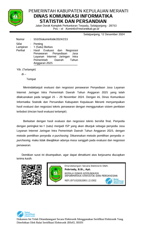 Hasil Evaluasi Seleksi Internet Service Provider untuk Pemerintah Kabupaten Kepulauan Meranti TA 2025