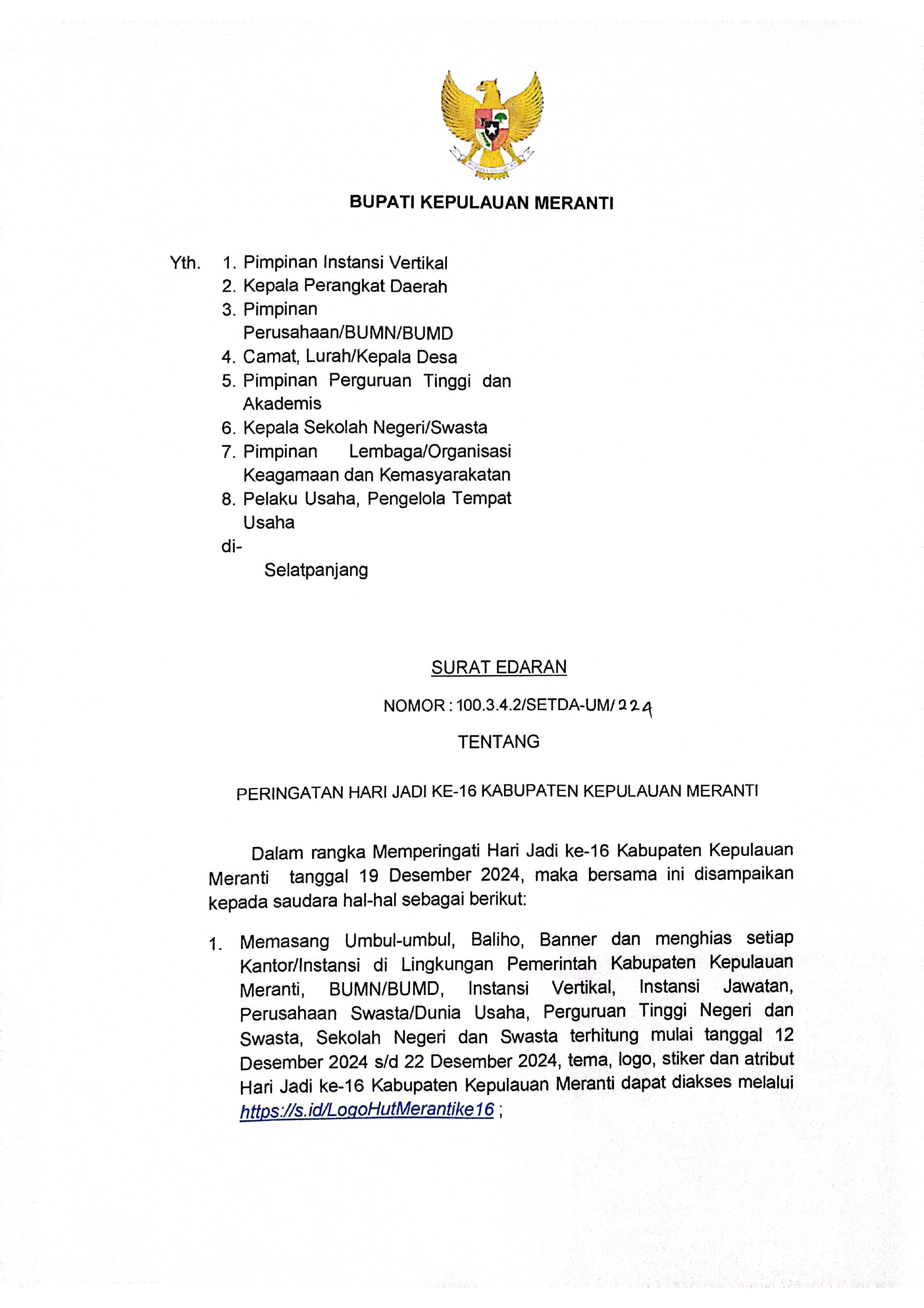 SURAT EDARAN BUPATI TENTANG HARI JADI KE-16 KABUPATEN KEPULAUAN MERANTI TAHUN 2024